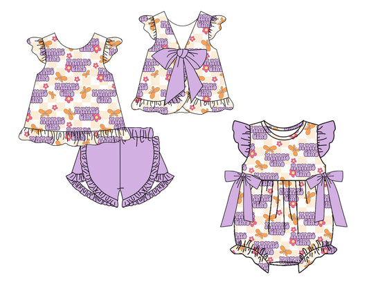 CUSTOM MOQ 5 Sibling Baby Girls Purple MaMas Girls Checked Tunic Ruffle Shorts Clothes Set Ruffle Rompers