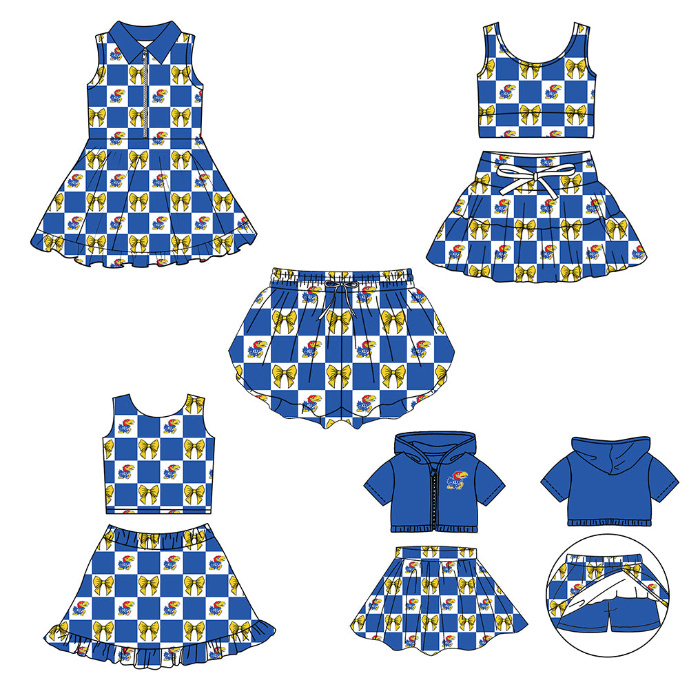 CUSTOM MOQ 5 Sibing Kids Clothing for Girls Baby Girls Blue Bow Top Skirts Yoga Active Team Clothes Sets Knee Length Dress Shorts