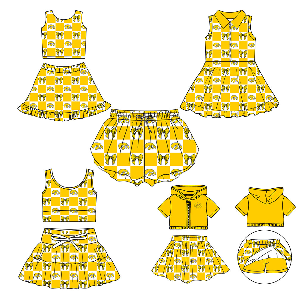 CUSTOM MOQ 5 Sibing Kids Clothing for Girls Baby Girls Yellow Bow Top Skirts Yoga Active Team Clothes Sets Knee Length Dress Shorts