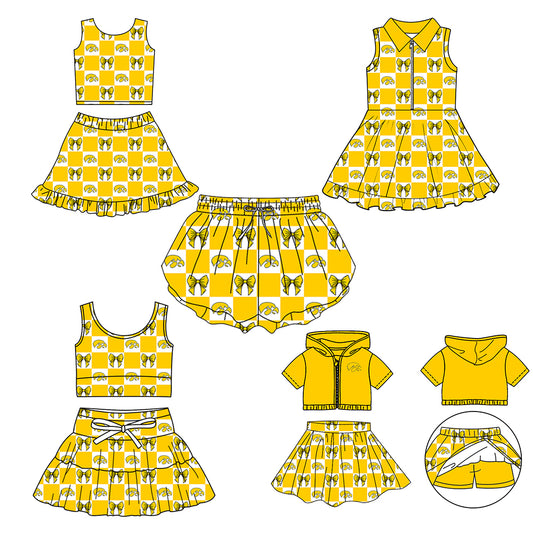 CUSTOM MOQ 5 Sibing Kids Clothing for Girls Baby Girls Yellow Bow Top Skirts Yoga Active Team Clothes Sets Knee Length Dress Shorts