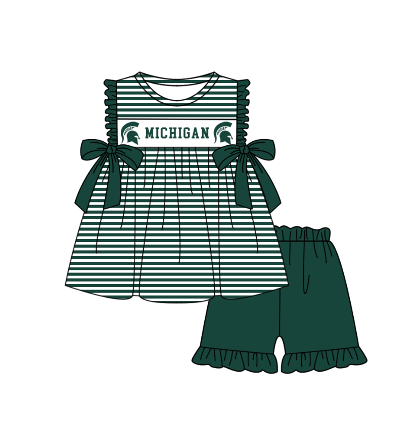 CUSTOM MOQ 5 Sibling Boys Baby Girls Green Stripe Top Ruffles Shorts Clothes Set Knee Length Dress Rompers