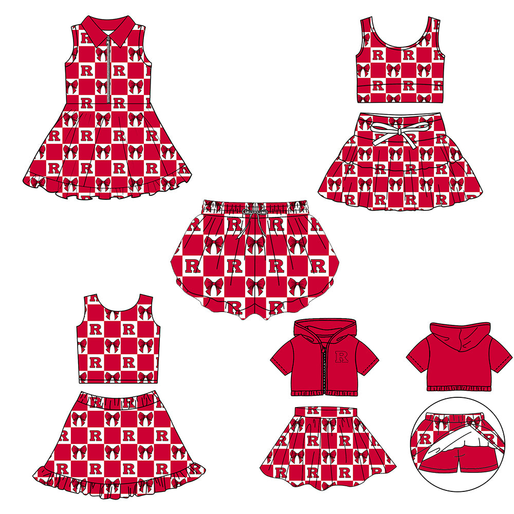 CUSTOM MOQ 5 Sibing Kids Clothing for Girls Baby Girls Red R Bow Top Skirts Yoga Active Team Clothes Sets Knee Length Dress Shorts