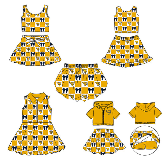 CUSTOM MOQ 5 Sibing Kids Clothing for Girls Baby Girls Yellow Bow Top Skirts Yoga Active Team Clothes Sets Knee Length Dress Shorts