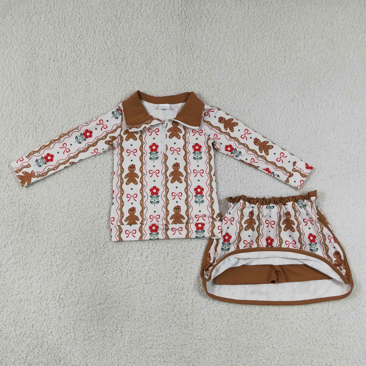 GLD1607 RTS NO MOQ （In stock）Gingerbread bow floral pullover skirt girls Christmas outfit