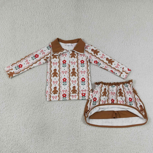 GLD1607 RTS NO MOQ （In stock）Gingerbread bow floral pullover skirt girls Christmas outfit