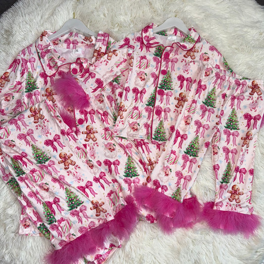 11.24 RTS Mama and Me Pink Bows Santa Trees Button Top Pants Christmas Fur Pajamas Sets
