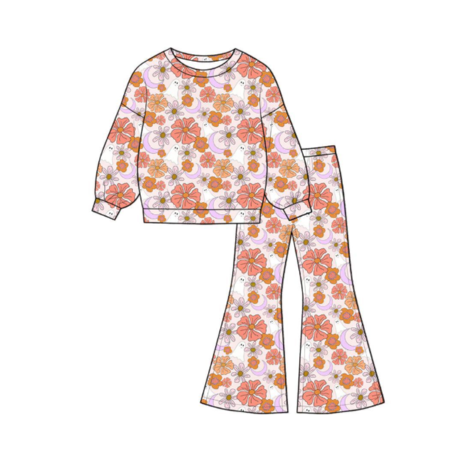 GLP3404 Pre order No Moq No Moq Baby Girls Flower Ghost  Long Sleeve Tops Fashion Flare Pant Halloween Wear
