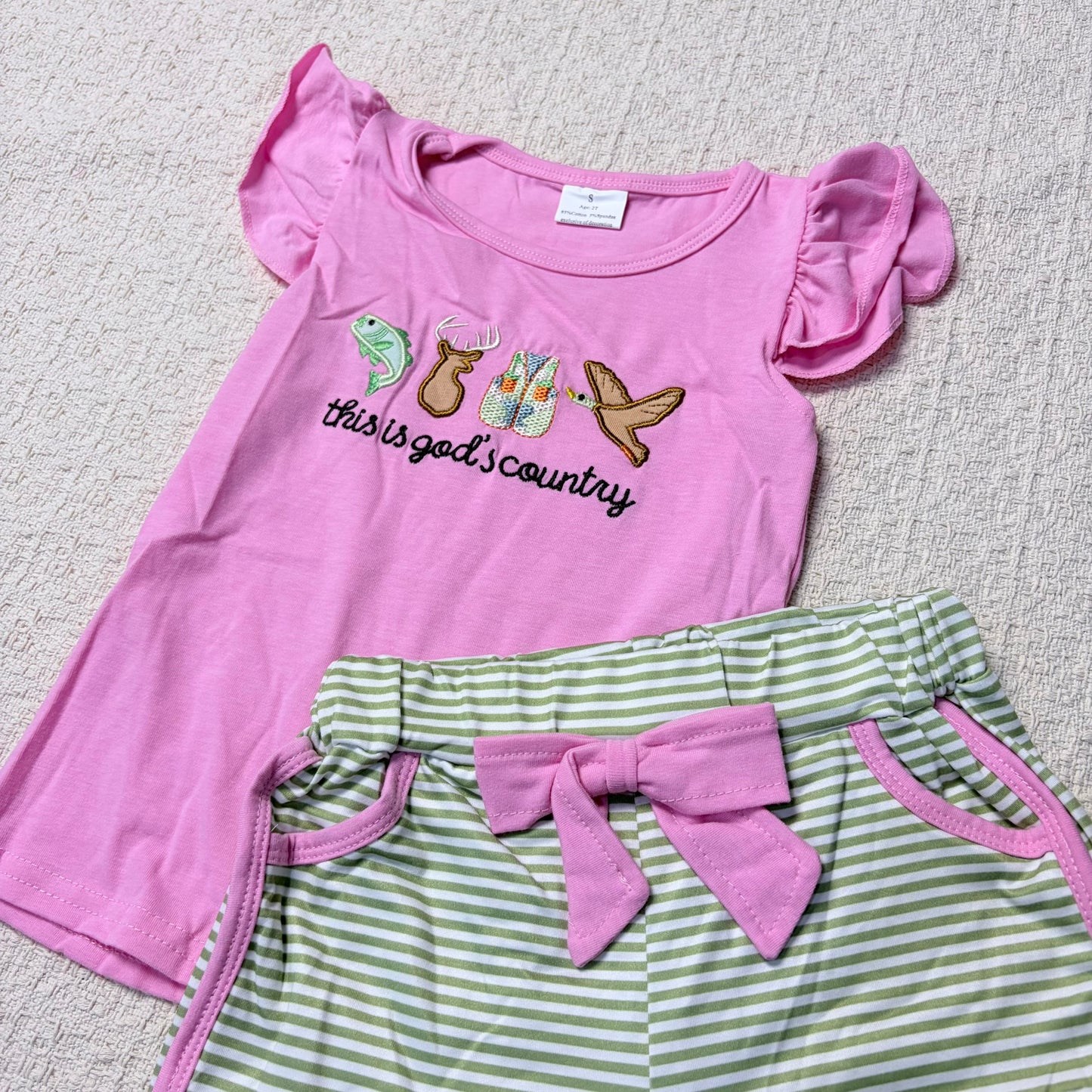 0514 RTS Sibling This is god's country fish deer duck top shorts kids clothes and romper