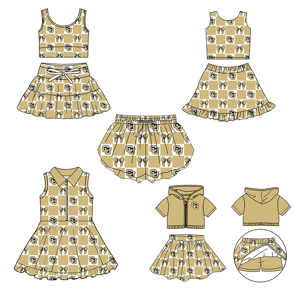 CUSTOM MOQ 5 Sibing Kids Clothing for Girls Baby Girls Beige Bow Top Skirts Yoga Active Team Clothes Sets Knee Length Dress Shorts