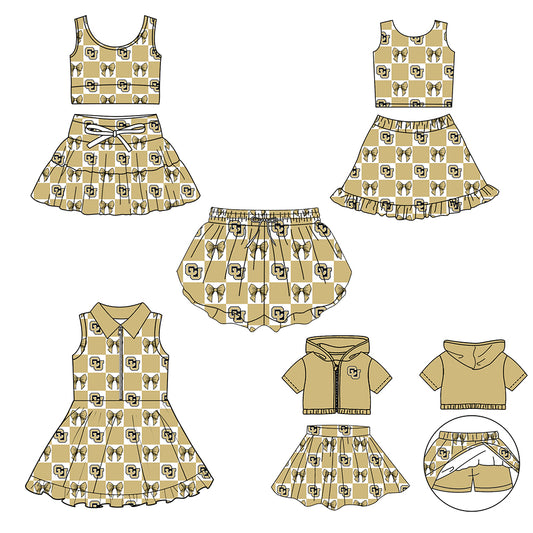 CUSTOM MOQ 5 Sibing Kids Clothing for Girls Baby Girls Beige Bow Top Skirts Yoga Active Team Clothes Sets Knee Length Dress Shorts