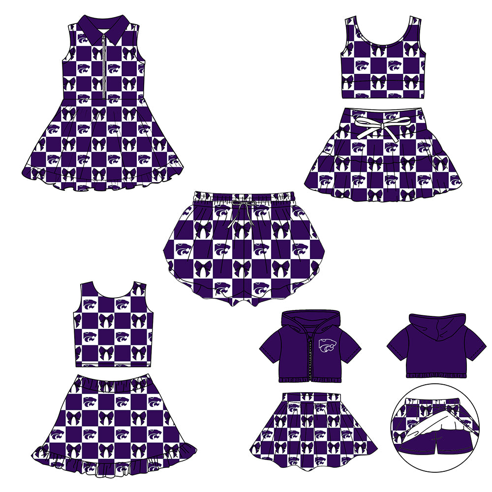 CUSTOM MOQ 5 Sibing Kids Clothing for Girls Baby Girls Purple Bow Top Skirts Yoga Active Team Clothes Sets Knee Length Dress Shorts