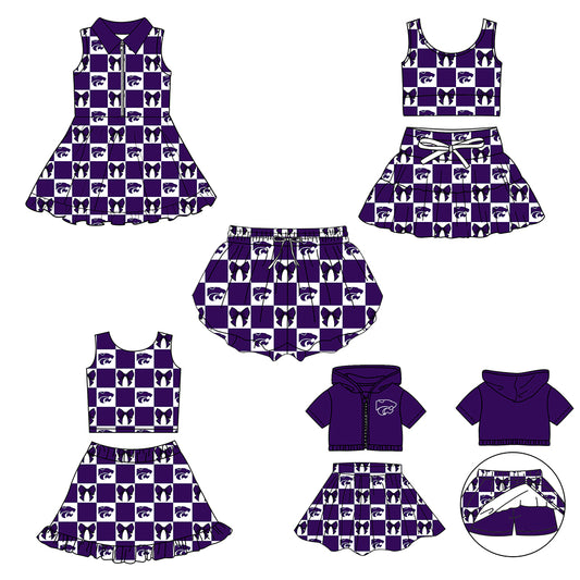 CUSTOM MOQ 5 Sibing Kids Clothing for Girls Baby Girls Purple Bow Top Skirts Yoga Active Team Clothes Sets Knee Length Dress Shorts