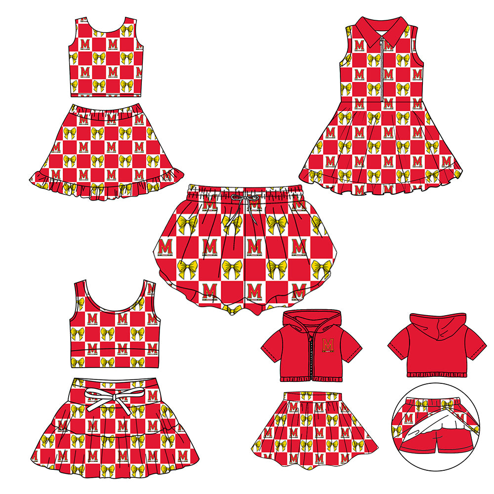 CUSTOM MOQ 5 Sibing Kids Clothing for Girls Baby Girls Red Bow Top Skirts Yoga Active Team Clothes Sets Knee Length Dress Shorts