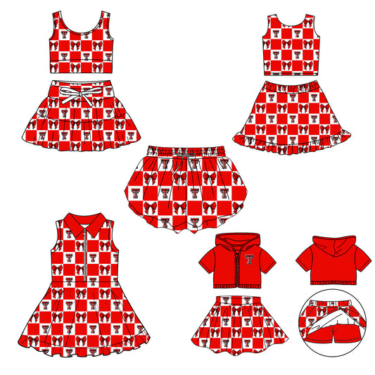 CUSTOM MOQ 5 Sibing Kids Clothing for Girls Baby Girls Red T Bow Top Skirts Yoga Active Team Clothes Sets Knee Length Dress Shorts