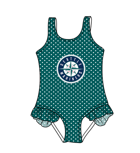 CUSTOM MOQ 5 Cute Comfortable Clothing For Kids Baby Girls Dark Green Polka Dots Ruffle Team One Piece Swimsuits