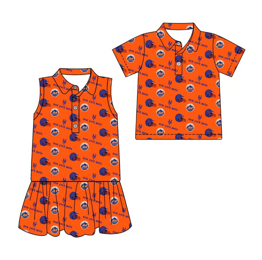 3.11 CUSTOM MOQ 5 Sibling Boys Baby Girls Summer Fashion Short Sleeve Orange Blue Hat Shirt Sleeveless Dress Team Clothes Sets
