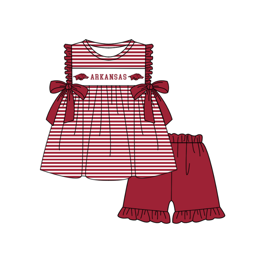 CUSTOM MOQ 5 Sibling Baby Kids Dark Red Stripe Top Ruffles Shorts Clothes Set Knee Length Dress Rompers