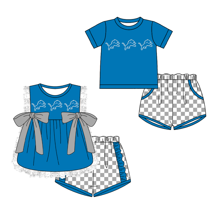 CUSTOM MOQ 5 Cute Kids Clothing Sibling Boys Baby Girls Summer Sky Blue Top Gray Checked Shorts Team Clothes Sets