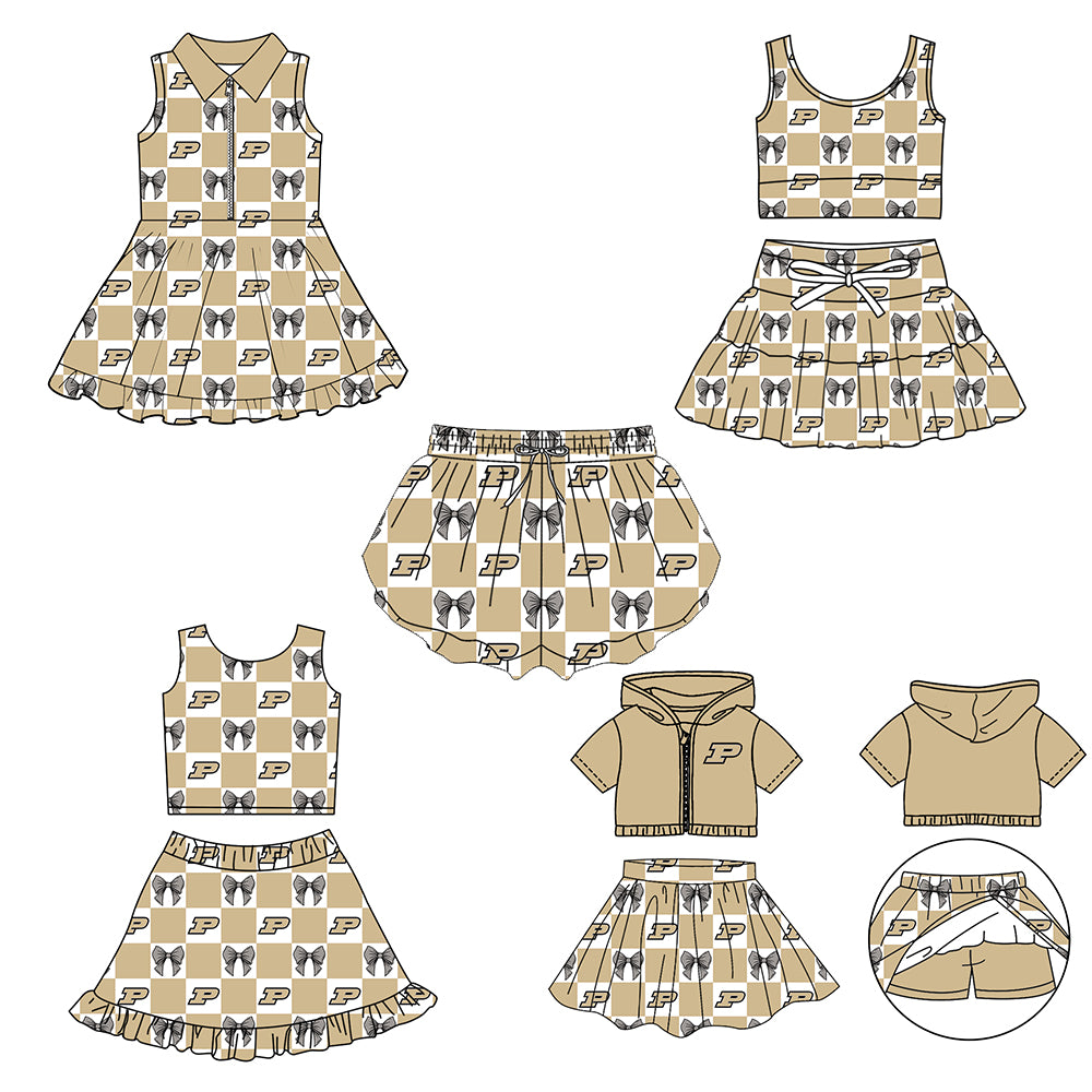 CUSTOM MOQ 5 Sibing Kids Clothing for Girls Baby Girls Khaki P Bow Top Skirts Yoga Active Team Clothes Sets Knee Length Dress Shorts