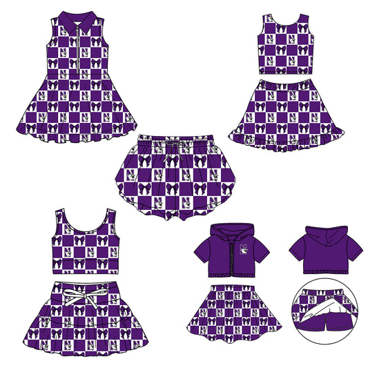 CUSTOM MOQ 5 Sibing Kids Clothing for Girls Baby Girls Purple Bow Top Skirts Yoga Active Team Clothes Sets Knee Length Dress Shorts