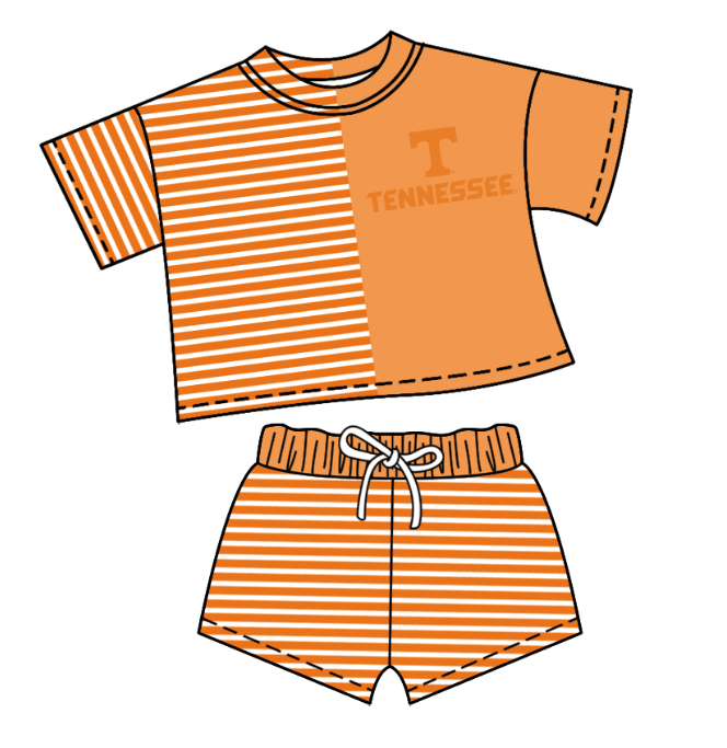 CUSTOM MOQ 5 Baby Kids Summer Orange T Stripe Top Shorts Clothes Sets