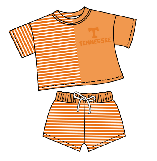 CUSTOM MOQ 5 Baby Kids Summer Orange T Stripe Top Shorts Clothes Sets