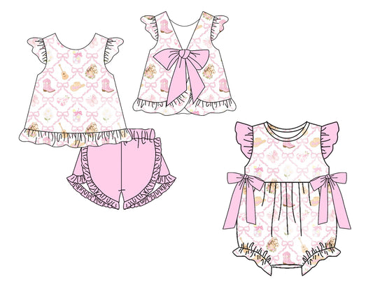 CUSTOM MOQ 5 Sibling Baby Girls Pink Boots Checked Tunic Ruffle Shorts Clothes Set Ruffle Rompers