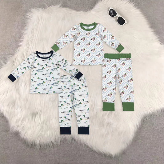 10.2 RTS Sibling Baby Boys Long Sleeves Ducks Plaid Top Pants Western Pajamas Set