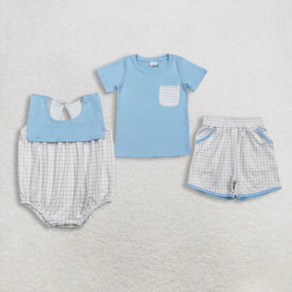 2.6 RTS Sibling Baby Boys Light Blue Pocket Top Pockets Short Checked Rompers