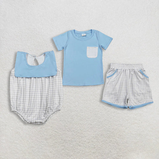 2.6 RTS Sibling Baby Boys Light Blue Pocket Top Pockets Short Checked Rompers
