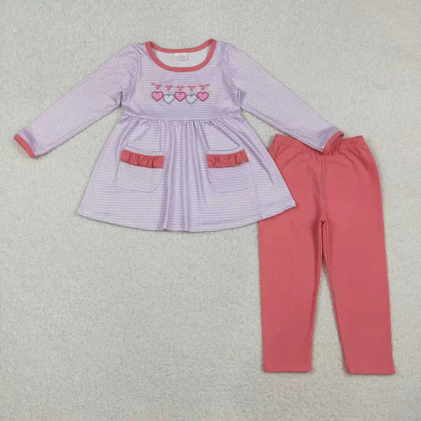 11.14 RTS Sibling Baby Girls Embroidery Bows Hearts Stripe Leggings Valentines Clothes Sets Rompers