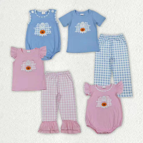 9.18 RTS Sibling Baby Boys Girls Embroidery Ghost Pumpkins Pants Halloween Clothes Sets Rompers