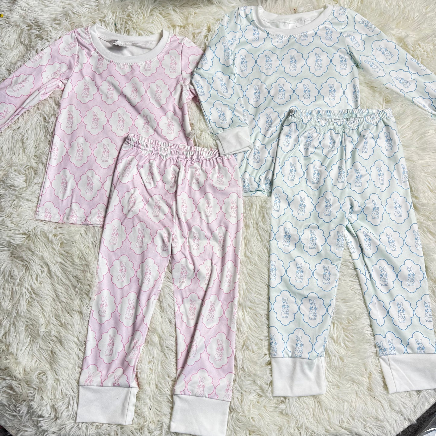 12.11 RST Sibling Baby Boys Girls Rabbits Checked Top Pants Easter Pajamas Sets