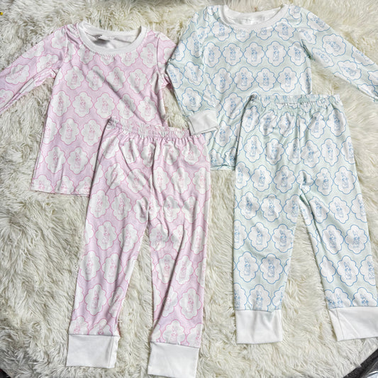 12.11 RST Sibling Baby Boys Girls Rabbits Checked Top Pants Easter Pajamas Sets