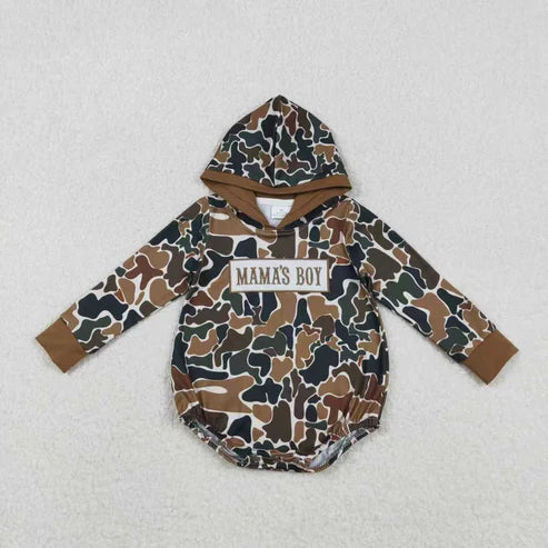 12.1 RTS Sibling Baby Boys Embroidery Mama's Boy Brown Camo Pockets Pants Clothes Sets Hoodie Romper