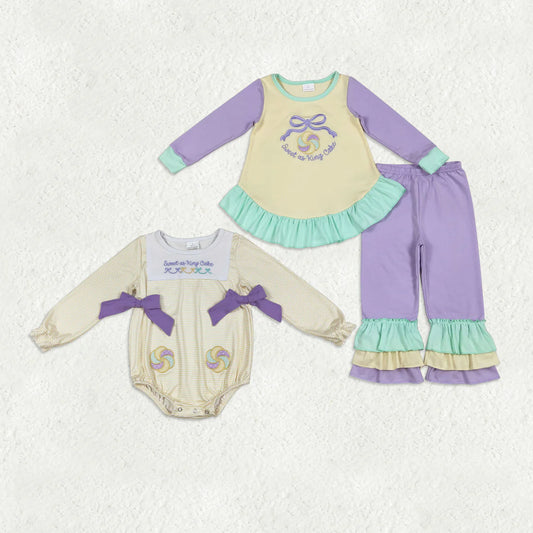 1.8 RTS Sibling Baby Girls Embroidery Sweet as King Cake Ruffle Pants Mardigras Set Rompers