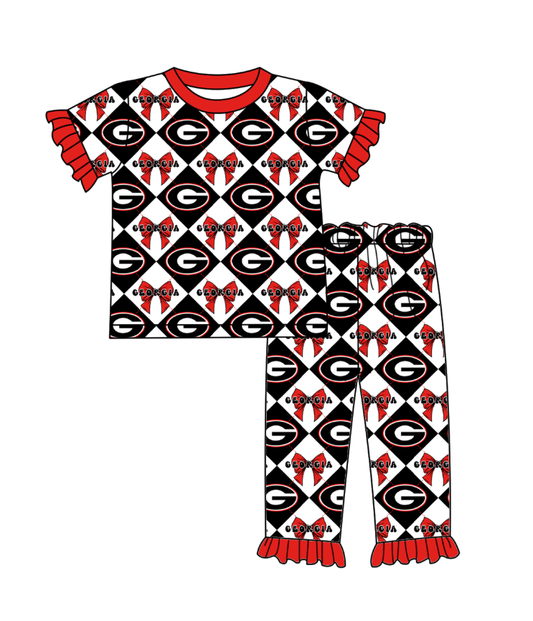 CUSTOM MOQ 5 Baby Girl Clothes Orange Bow Plaid Top Pants Team Pajamas Sets