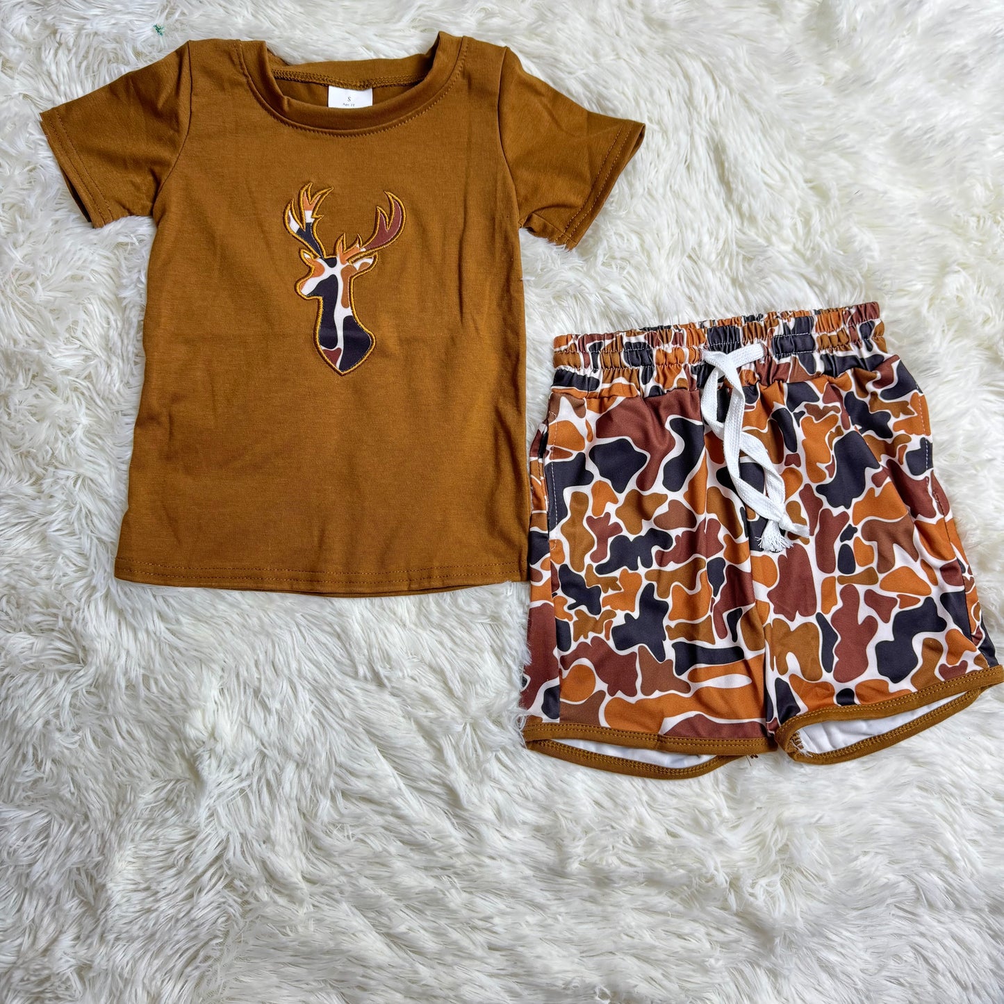 12.12 RST Sibling Baby Boys Embroidery Brown Camo Deer Pockets Pant Short Hunting Clothes Sets