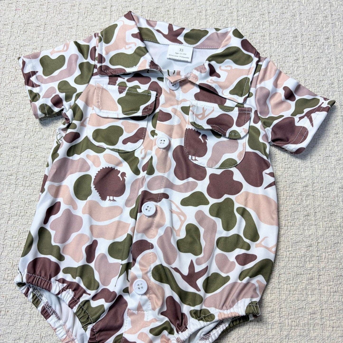 0514 RTS Sibling Short sleeves camo pockets baby boy button romper