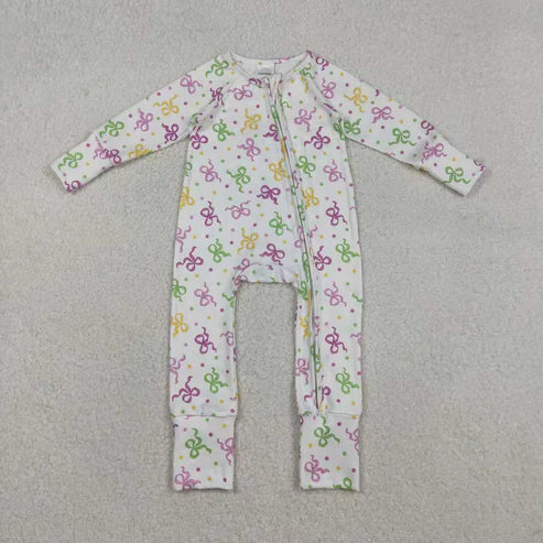 12.12 RTS Sibling Baby Girls Mardigras Bows Polka Dots Pants Pajamas Set Zipper Convertible Rompers