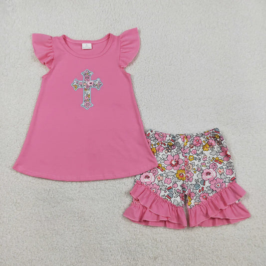 USA Warehouse (IN STOCK) GSSO3069 Baby Girls Summer Clothes Embroidery Floral Crosses Baby Girls Tunic Ruffle Shorts Easter Clothes Sets