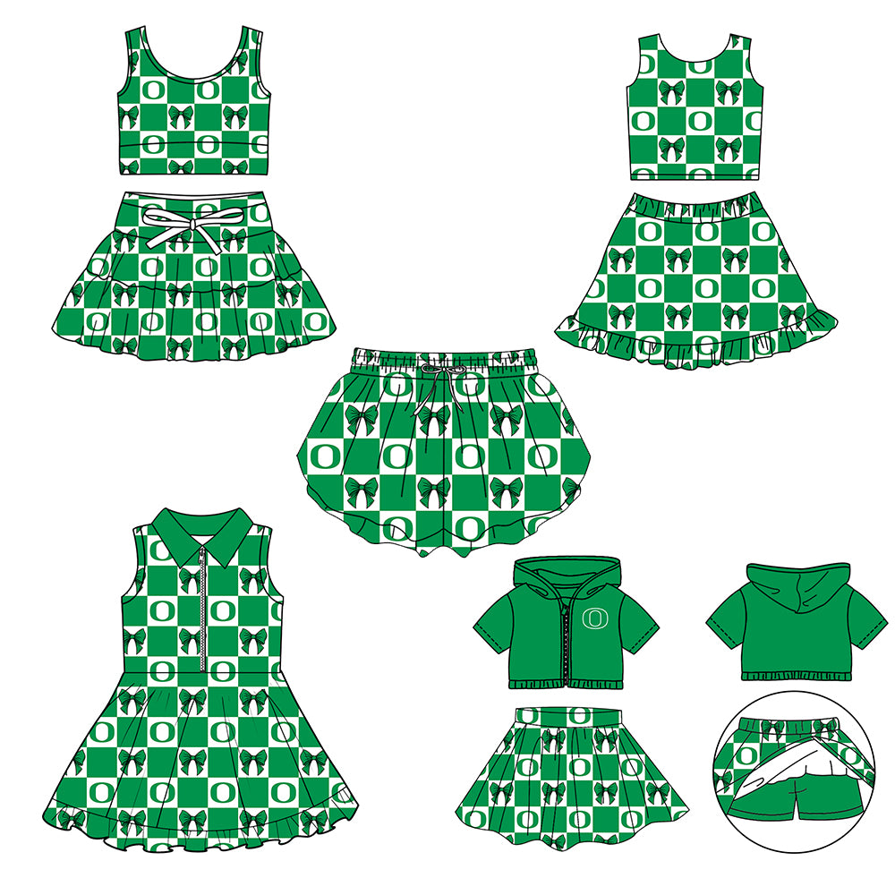 CUSTOM MOQ 5 Sibing Kids Clothing for Girls Baby Girls Green Bow Top Skirts Yoga Active Team Clothes Sets Knee Length Dress Shorts