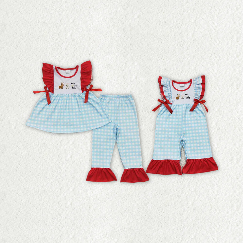 1.13 RTS Sibling Baby Girls Cow Animal Farm Plaid Rompers Outfits Suits