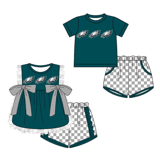 CUSTOM MOQ 5 Cute Kids Clothing Sibling Boys Baby Girls Summer Green Top Gray Checked Shorts Team Clothes Sets