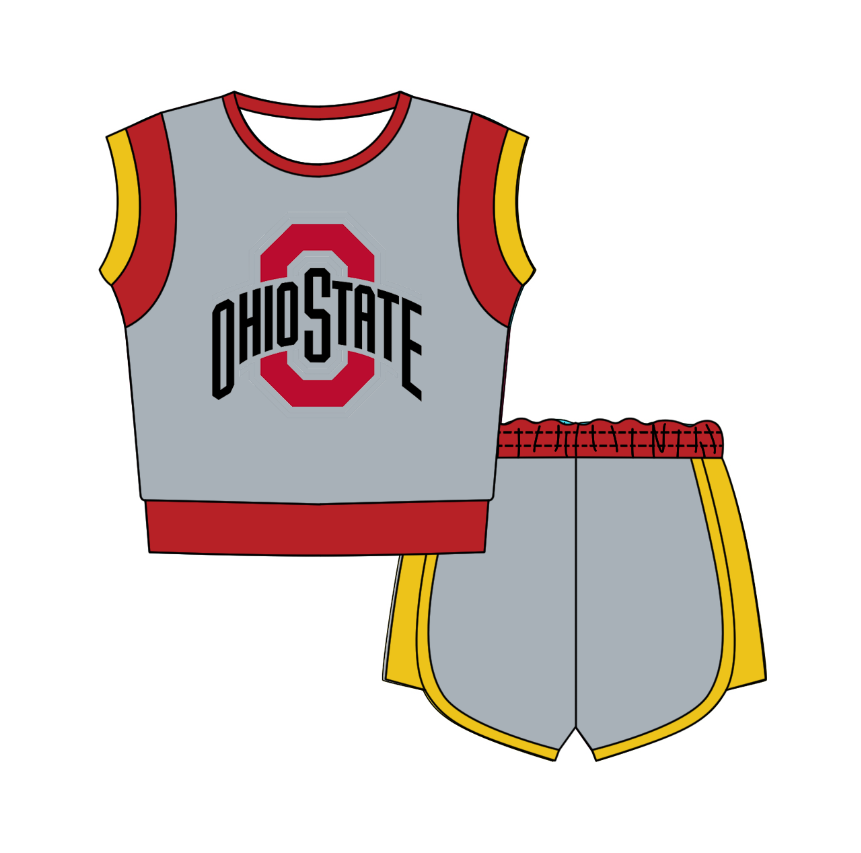 CUSTOM MOQ 5 Cute Comfortable Clothing For Kids Baby Kids Summer Grey Sleeveless Patchwork Top Shorts Clothes Sets