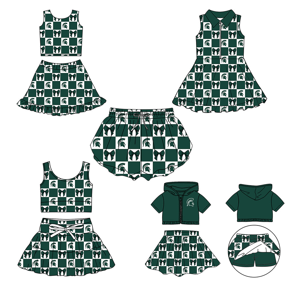 CUSTOM MOQ 5 Sibing Kids Clothing for Girls Baby Girls Green Bow Top Skirts Yoga Active Team Clothes Sets Knee Length Dress Shorts