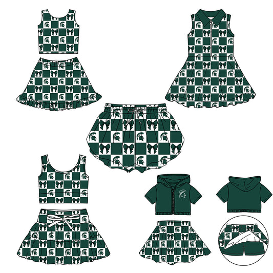 CUSTOM MOQ 5 Sibing Kids Clothing for Girls Baby Girls Green Bow Top Skirts Yoga Active Team Clothes Sets Knee Length Dress Shorts