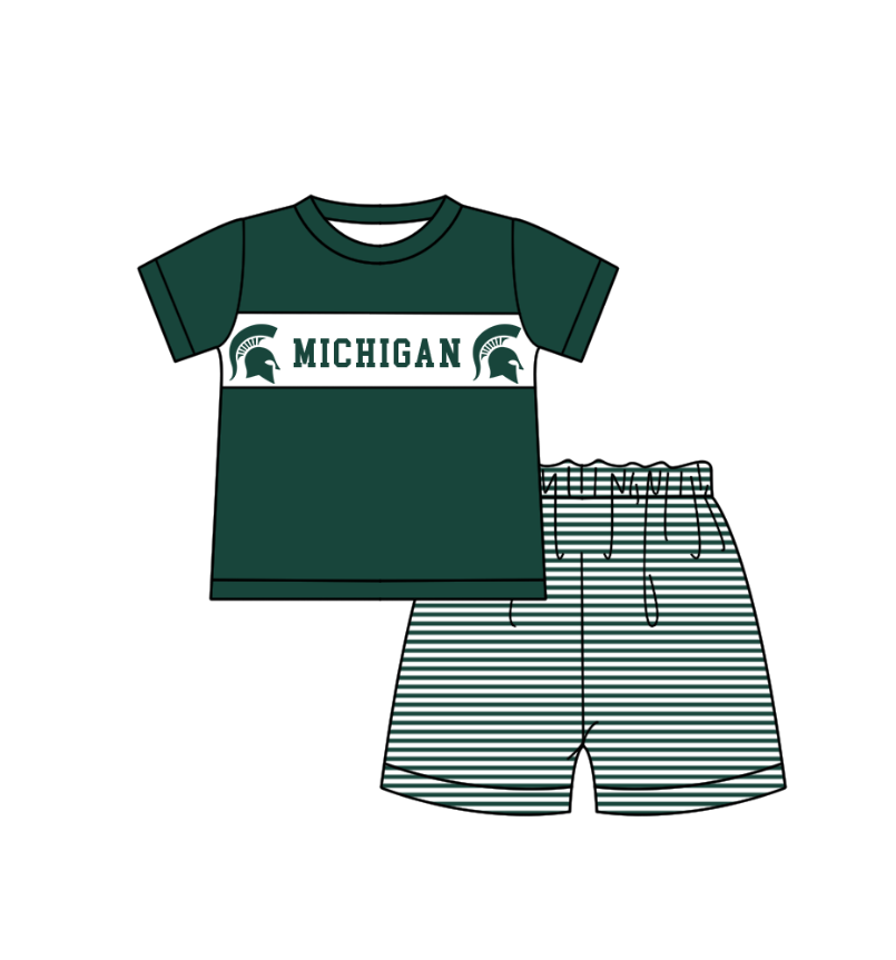 CUSTOM MOQ 5 Sibling Boys Baby Girls Green Stripe Top Ruffles Shorts Clothes Set Knee Length Dress Rompers