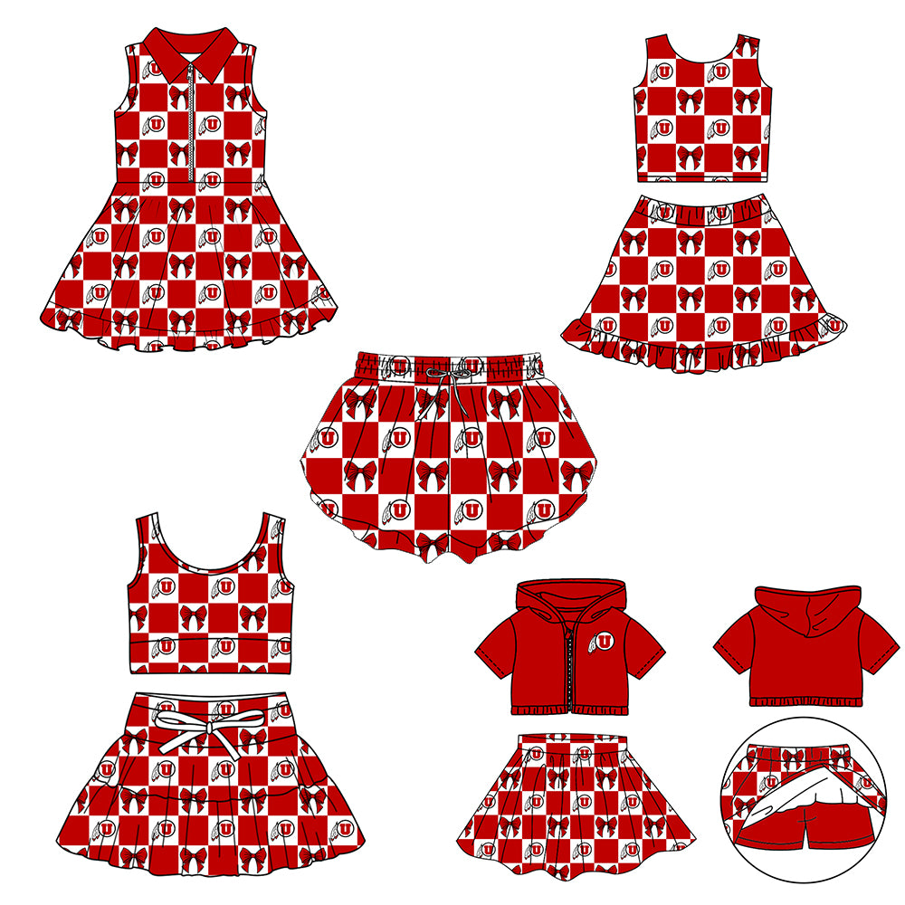 CUSTOM MOQ 5 Sibing Kids Clothing for Girls Baby Girls Red U Bow Top Skirts Yoga Active Team Clothes Sets Knee Length Dress Shorts