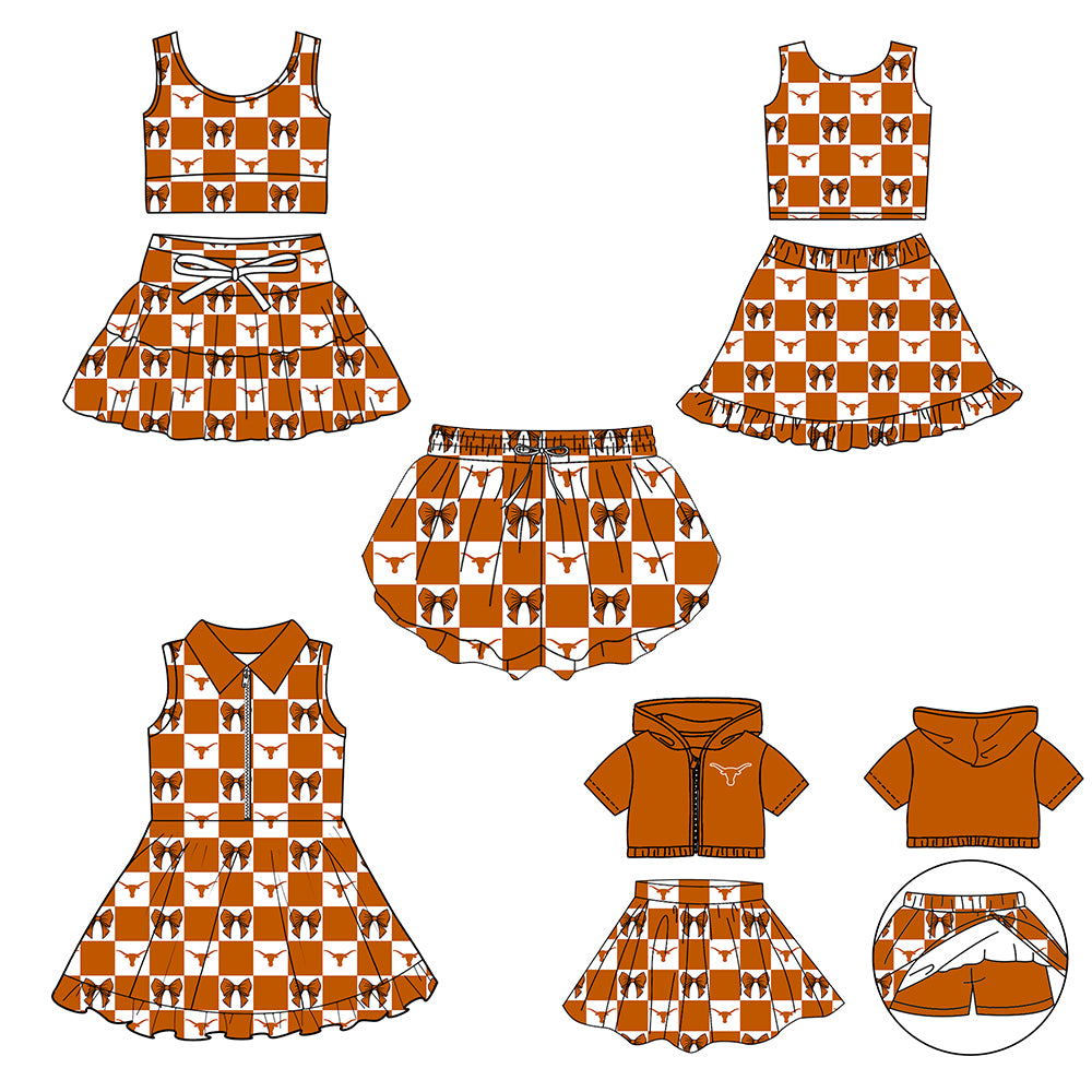CUSTOM MOQ 5 Sibing Kids Clothing for Girls Baby Girls Orange Bow Top Skirts Yoga Active Team Clothes Sets Knee Length Dress Shorts